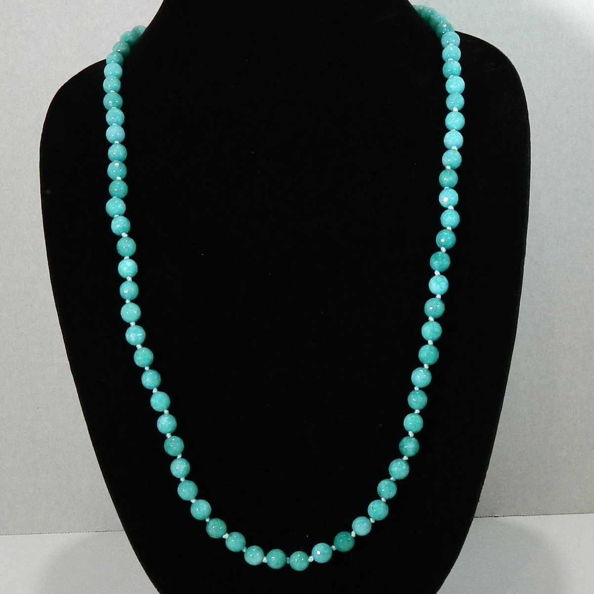 Opera Length Silk Knotted Faceted Green Stone Bead Necklace